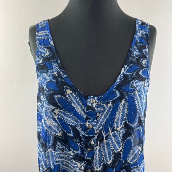 PJK Patterson J Kincaid Blue Black Print Sleeveless Top Deep Neckline L Large - Picture 2 of 6